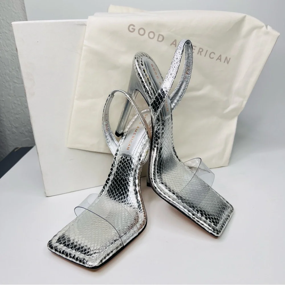 Good American Silver Snake Skin & Lucite Square Toe Slingback Stiletto Heels